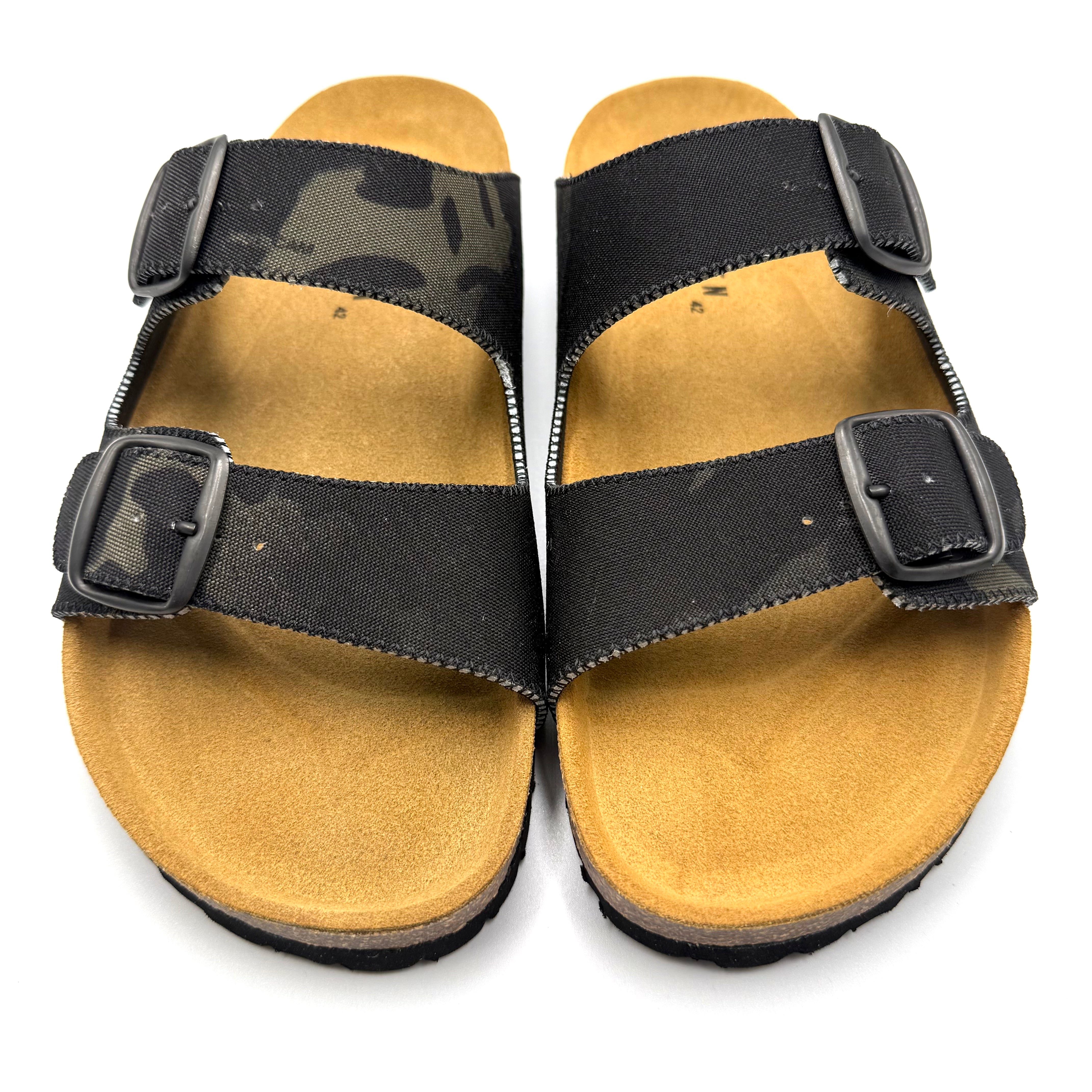 Pair of sandals with black straps on a white background