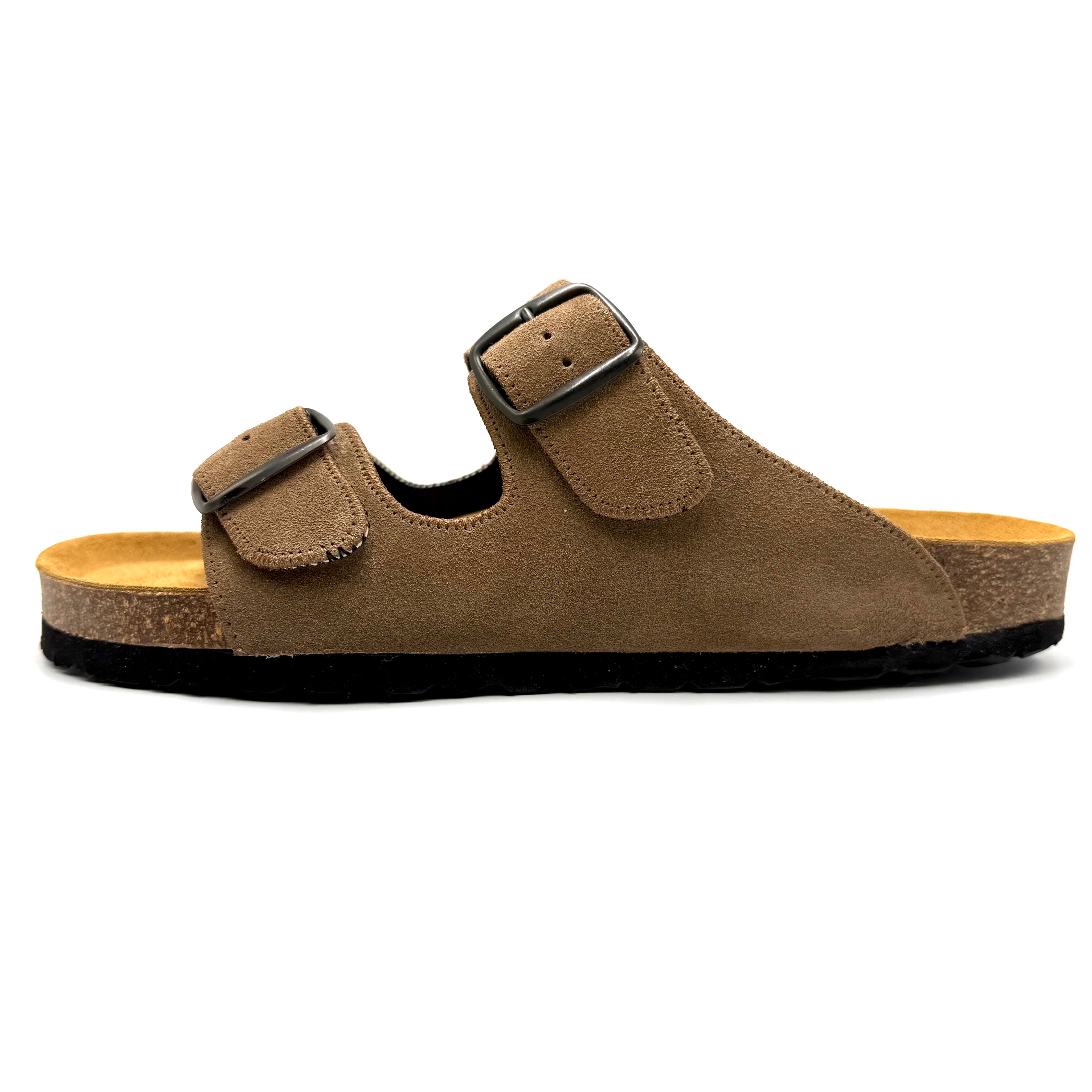 Brown sandal with double buckle on a white background
