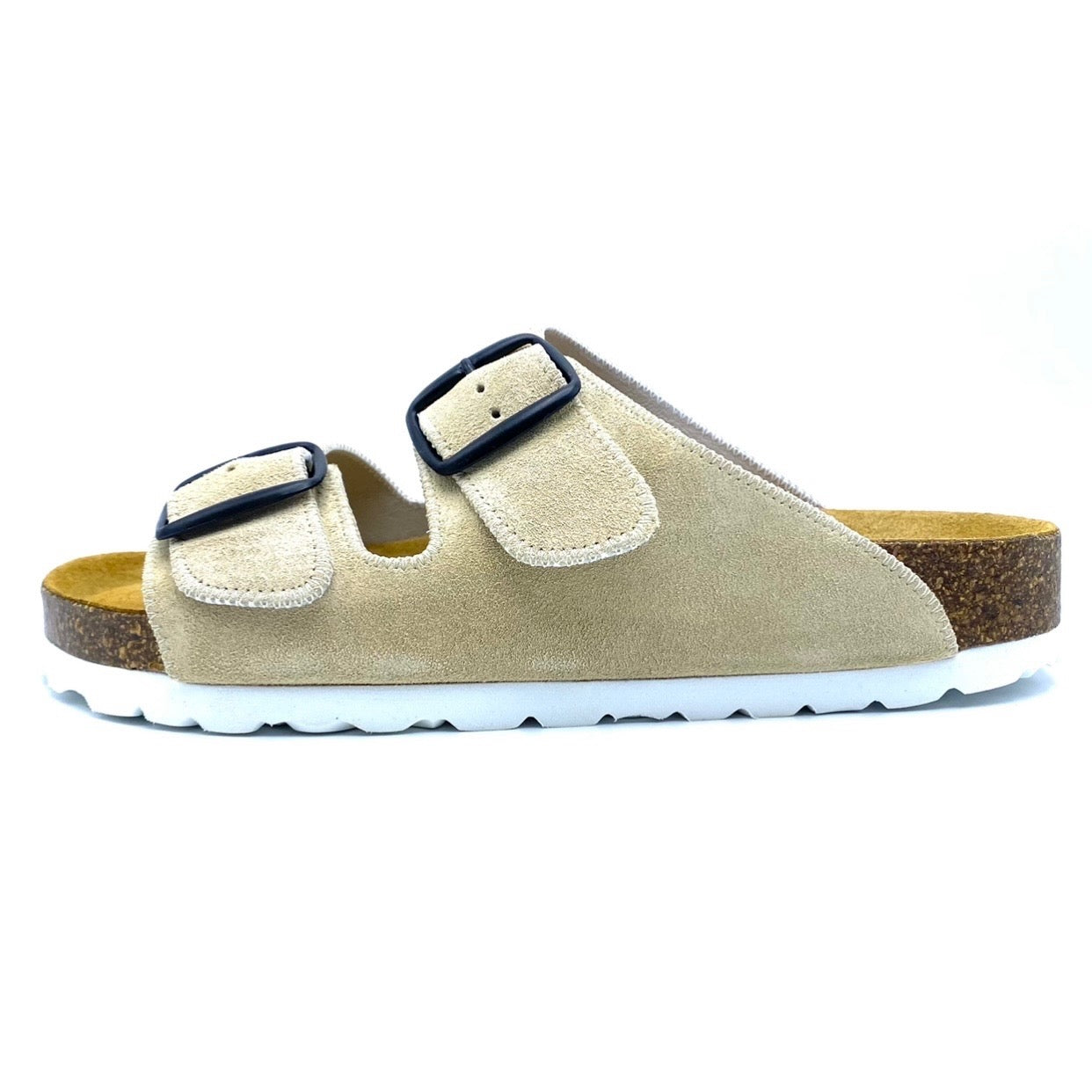 Beige sandal with cork sole on a white background