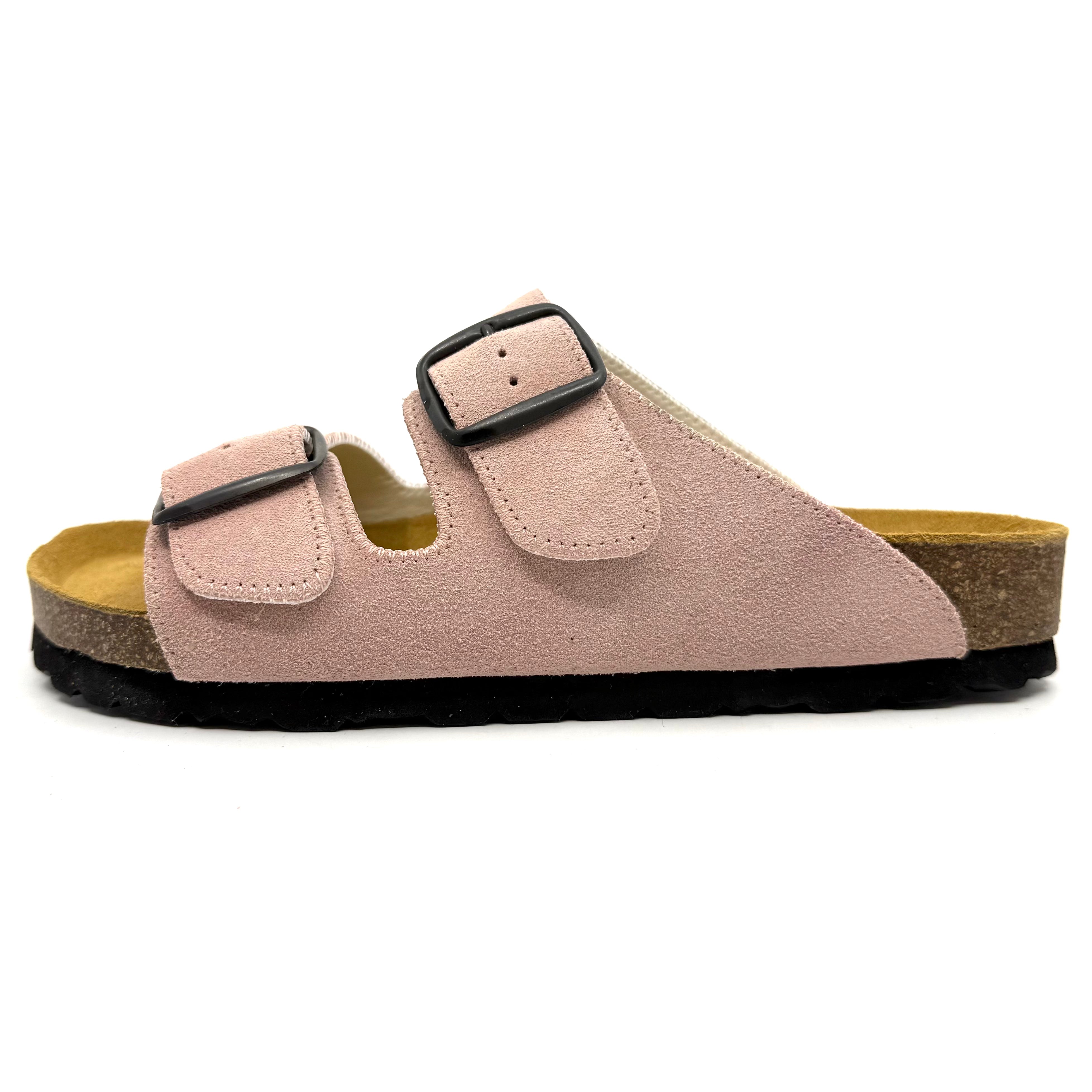 Striped sandal with a buckle on a white background