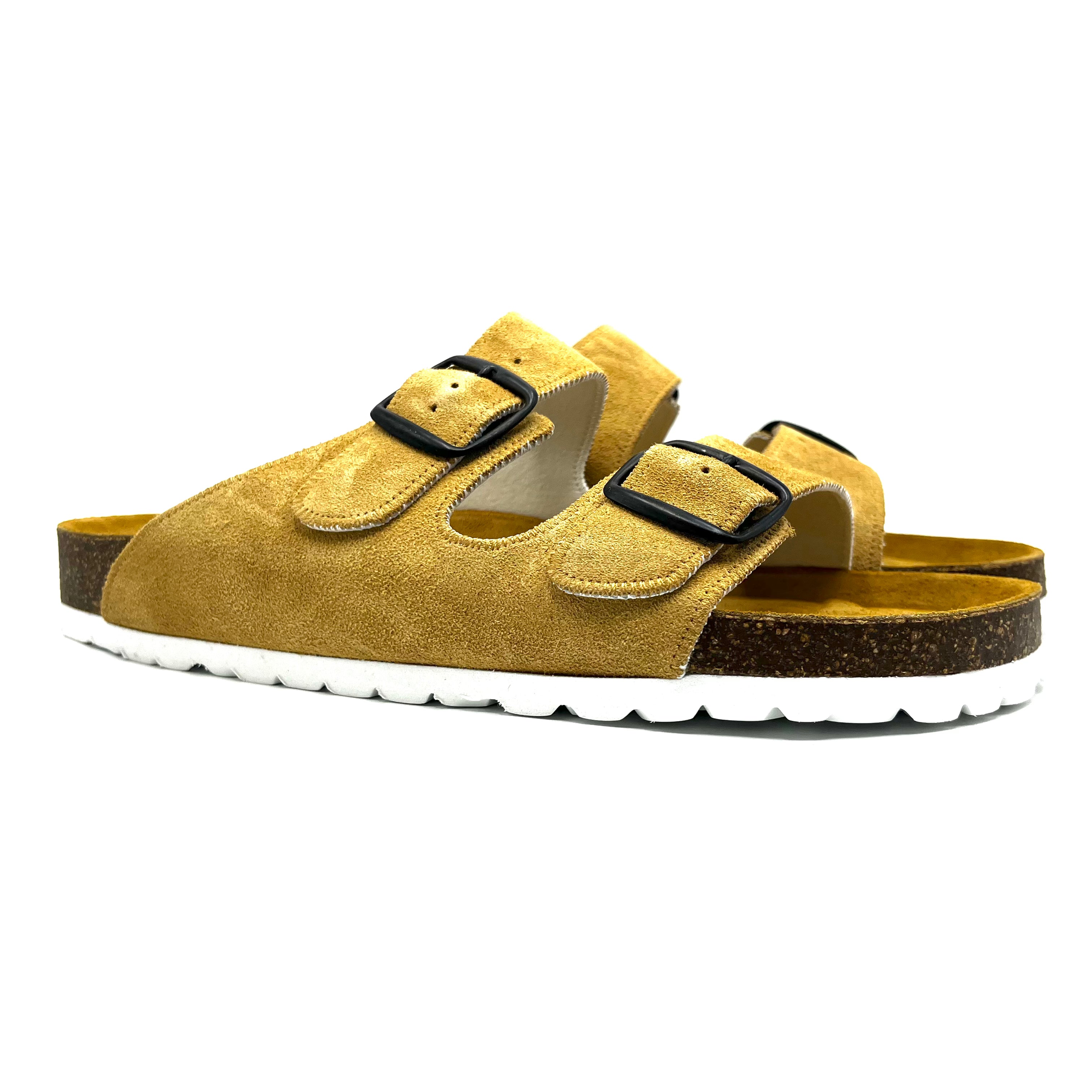 Yellow sandal with black buckles on a white background
