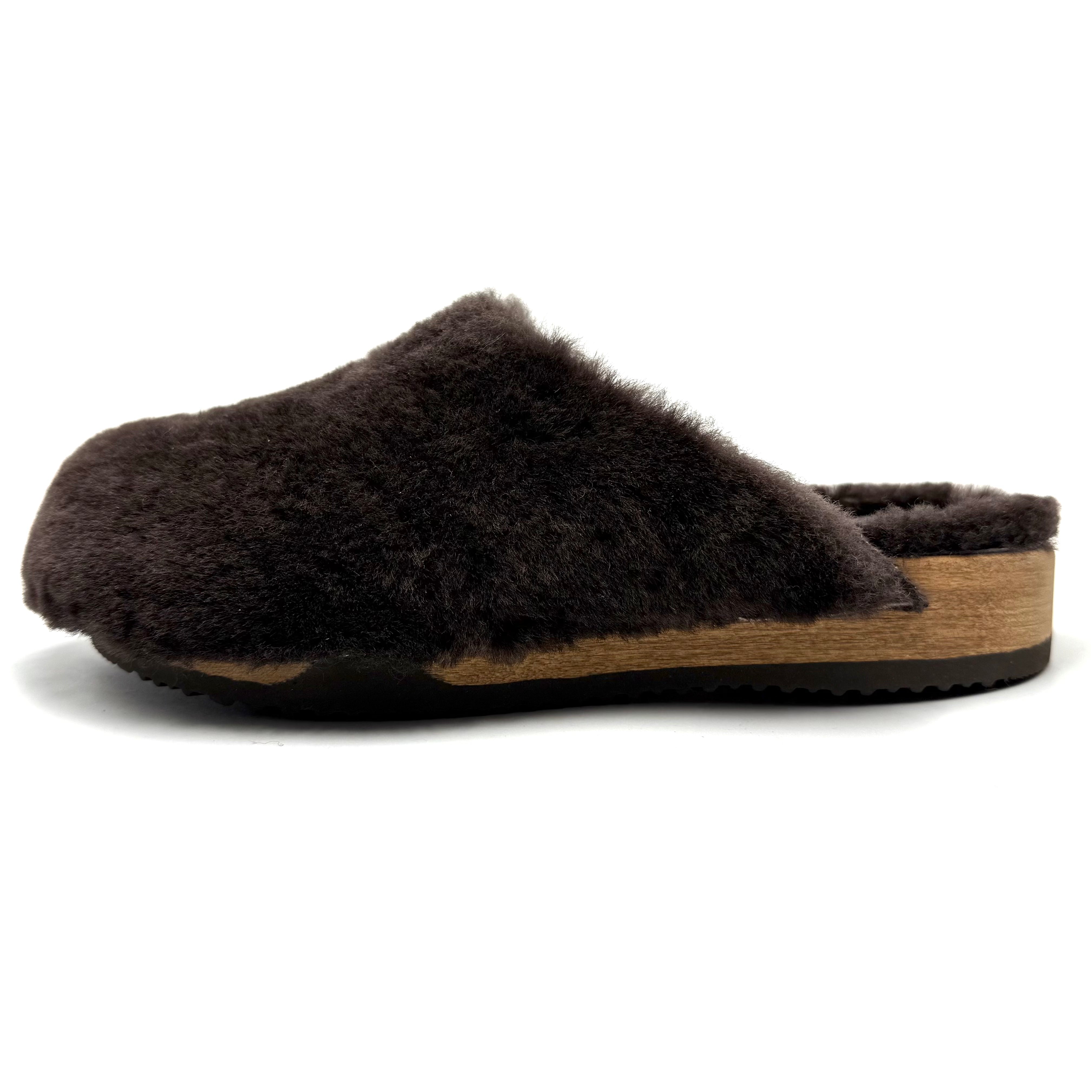 Expresso lambswool KUNSTEN clogs shoe with white sole on a light gray background