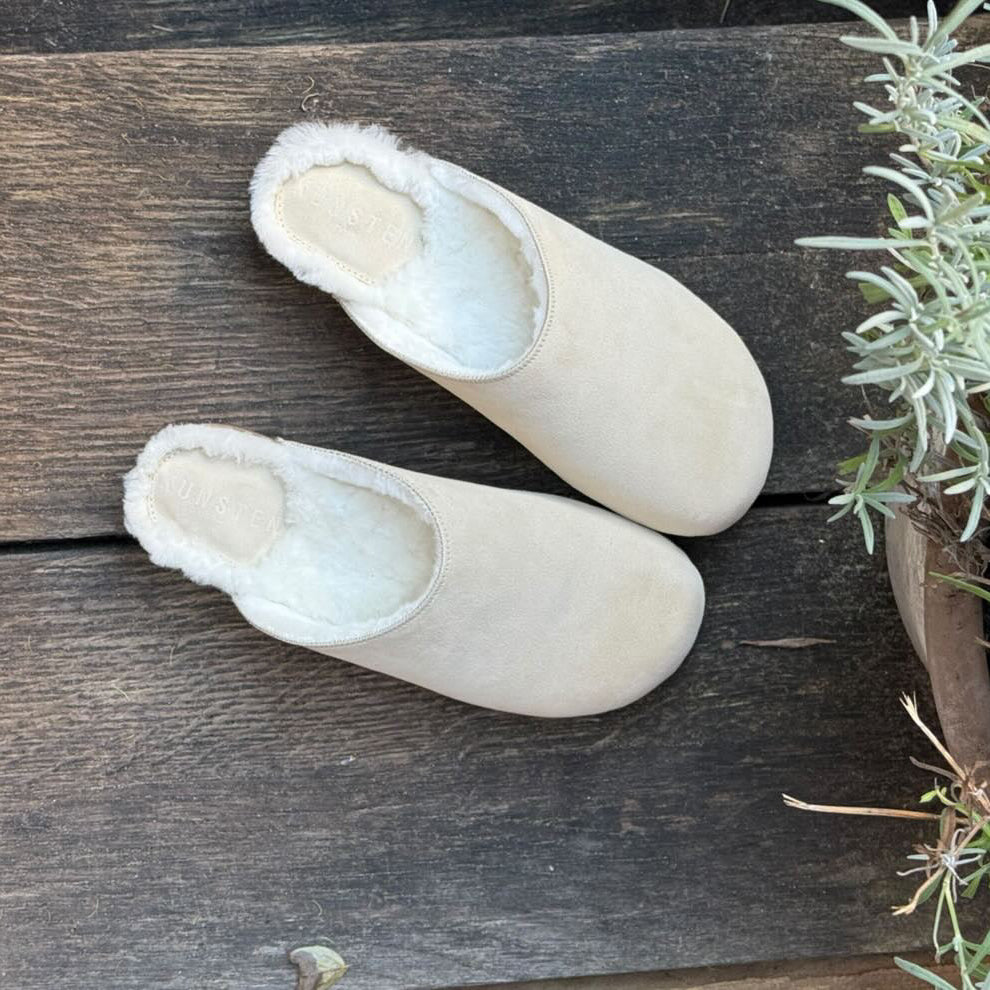 A pair of off-white clogs with soft white shearling lining, displayed on a dark wooden surface next to a potted green plant.