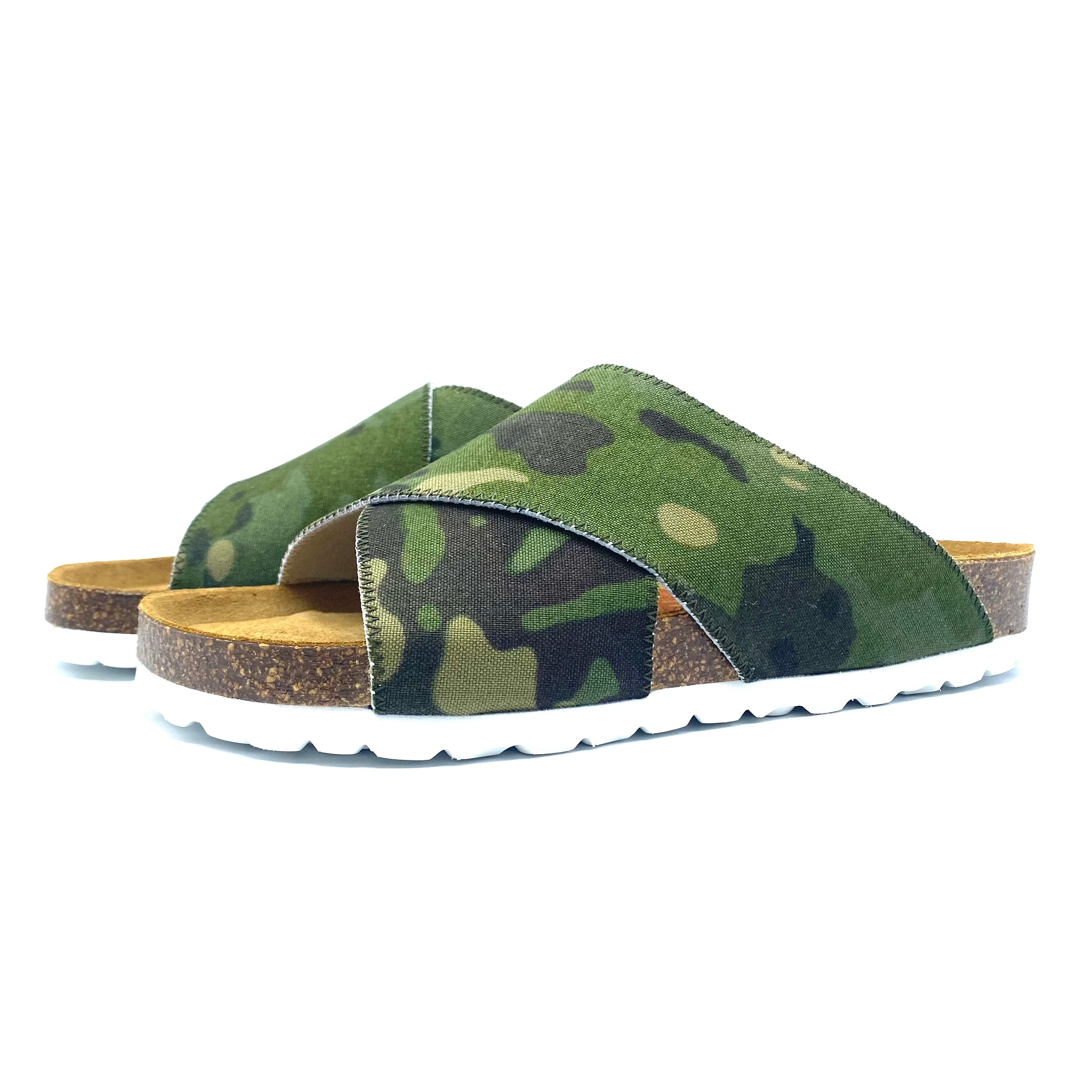 Camouflage-patterned sandals with cork sole on a white background
