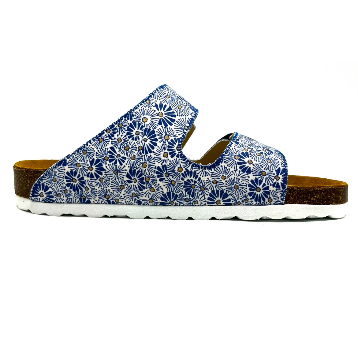 Blue floral patterned sandal with white sole on a white background