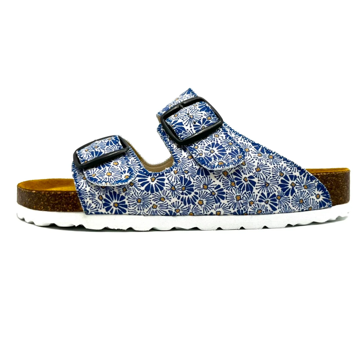 Blue floral sandal with a white sole on a white background
