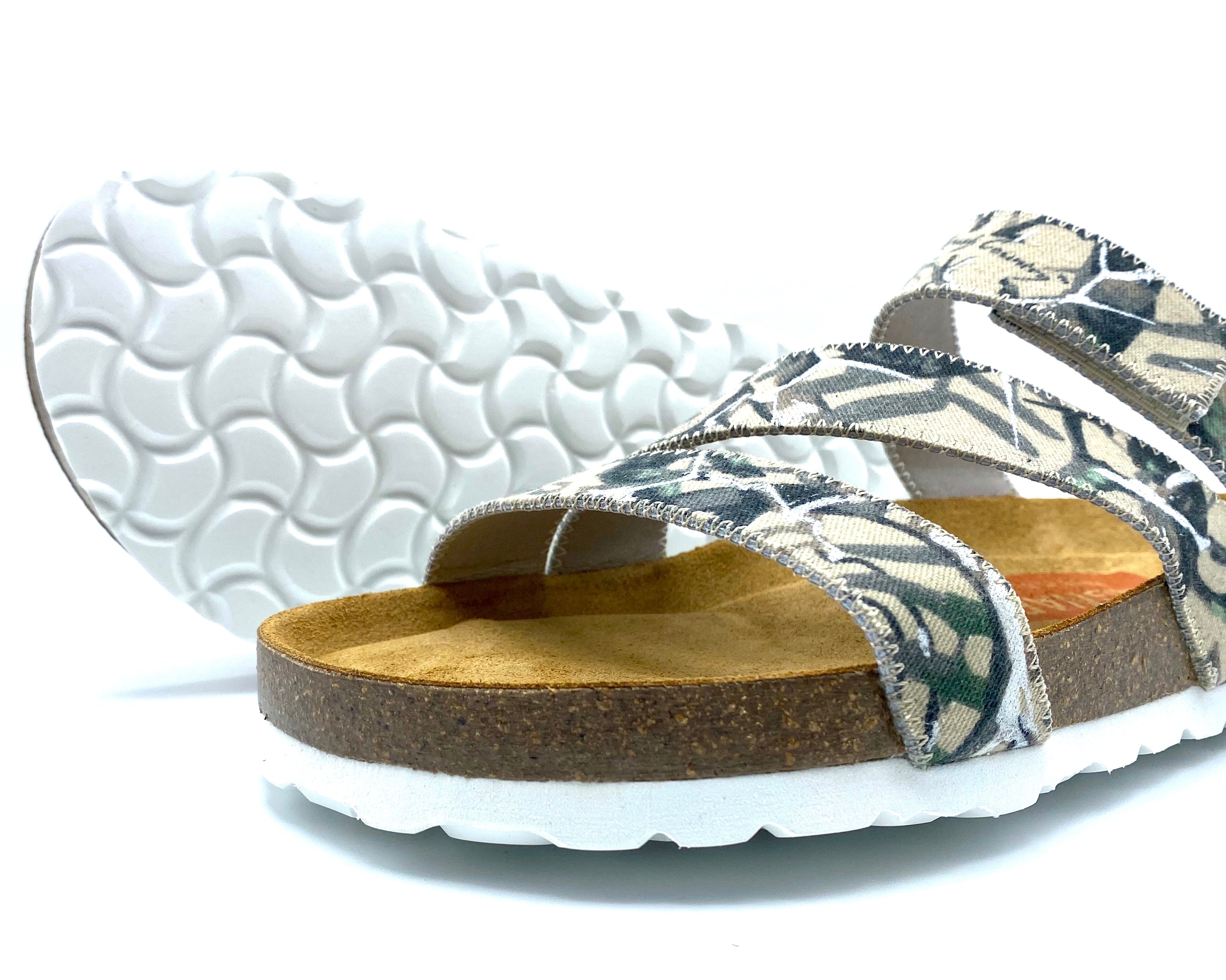 Pair of sandals with floral pattern on a white background