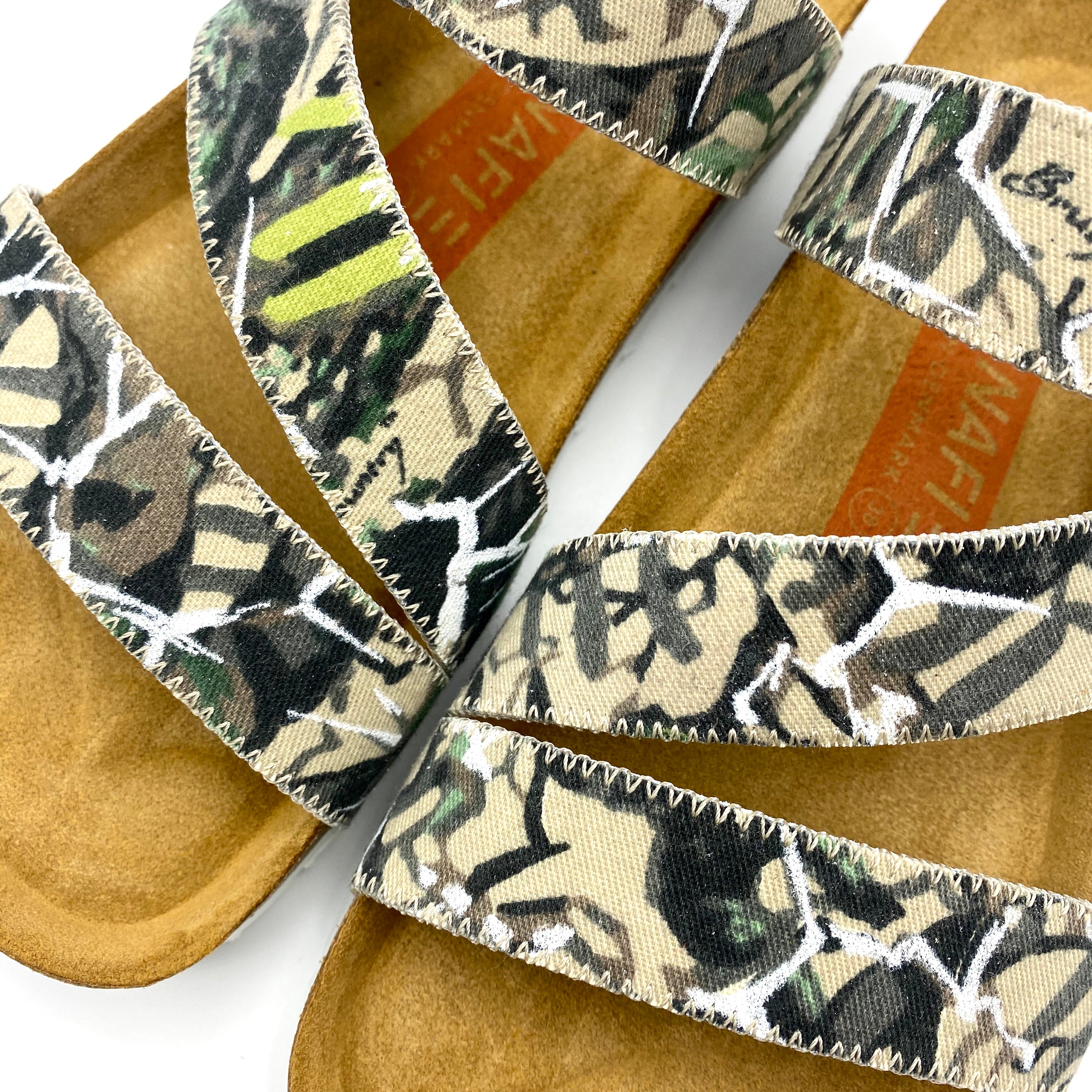 Pair of sandals with floral pattern on a white background