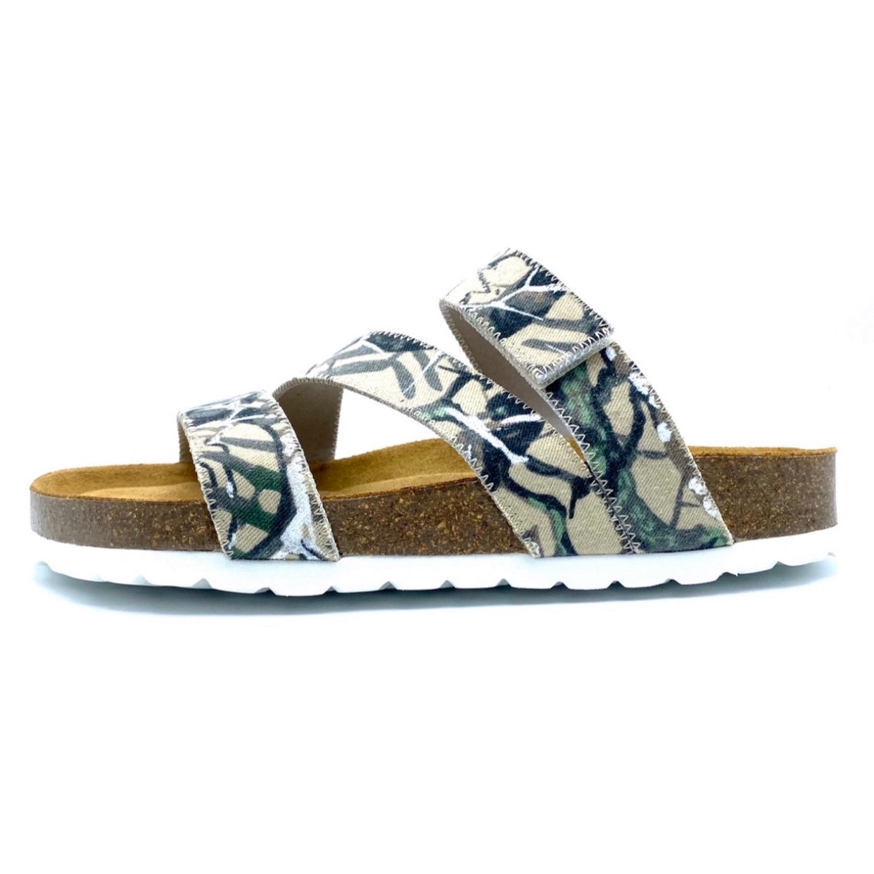 Pair of sandals with floral pattern on a white background